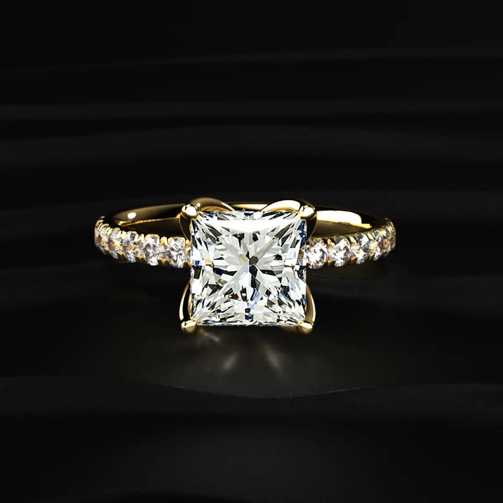 Princess Cut Solitaire Floral Ring With Pave Band