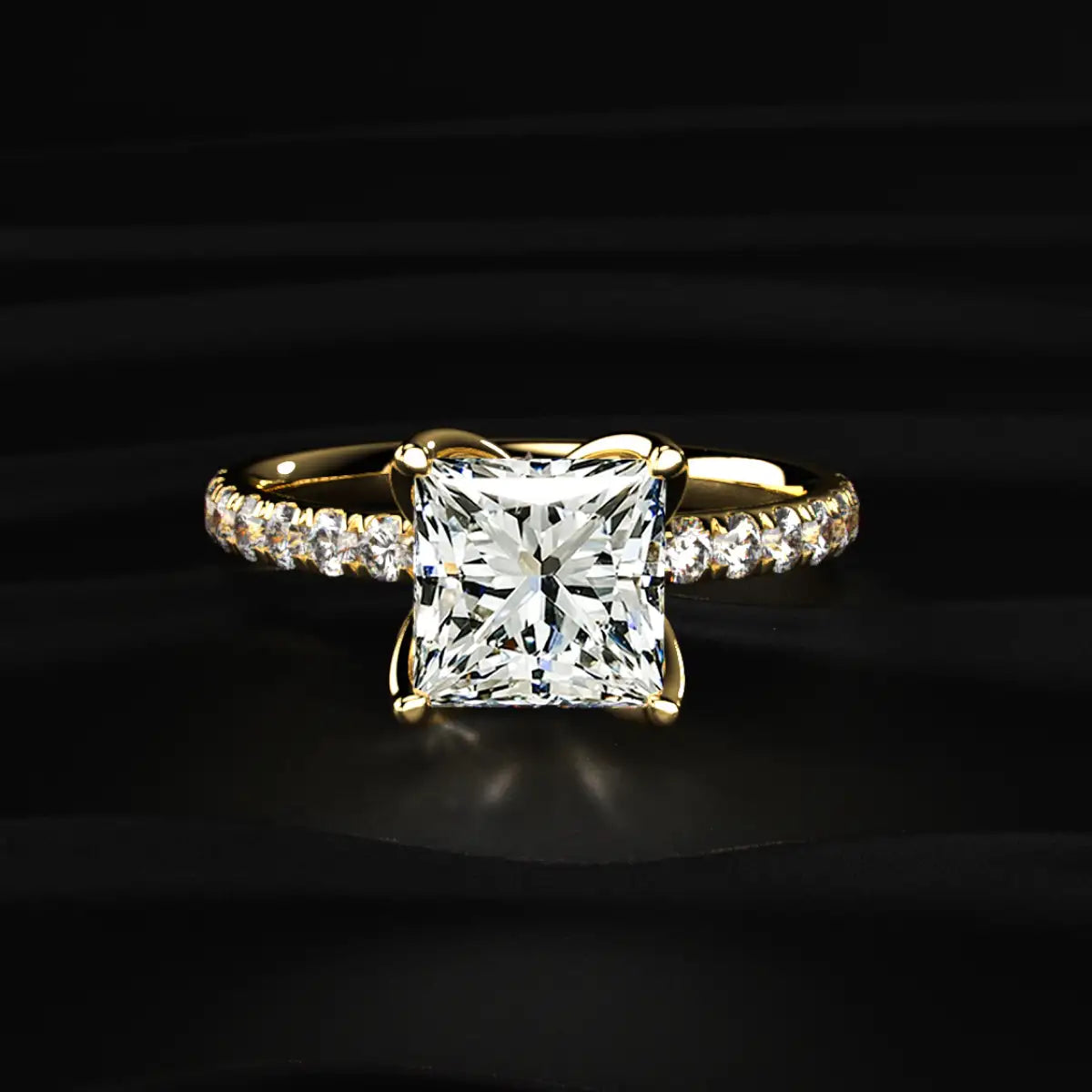 Princess Cut Solitaire Floral Ring With Pave Band