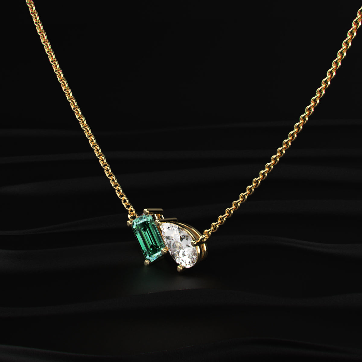 Pear And Green Emerald Diamond Toi Et Moi Necklace