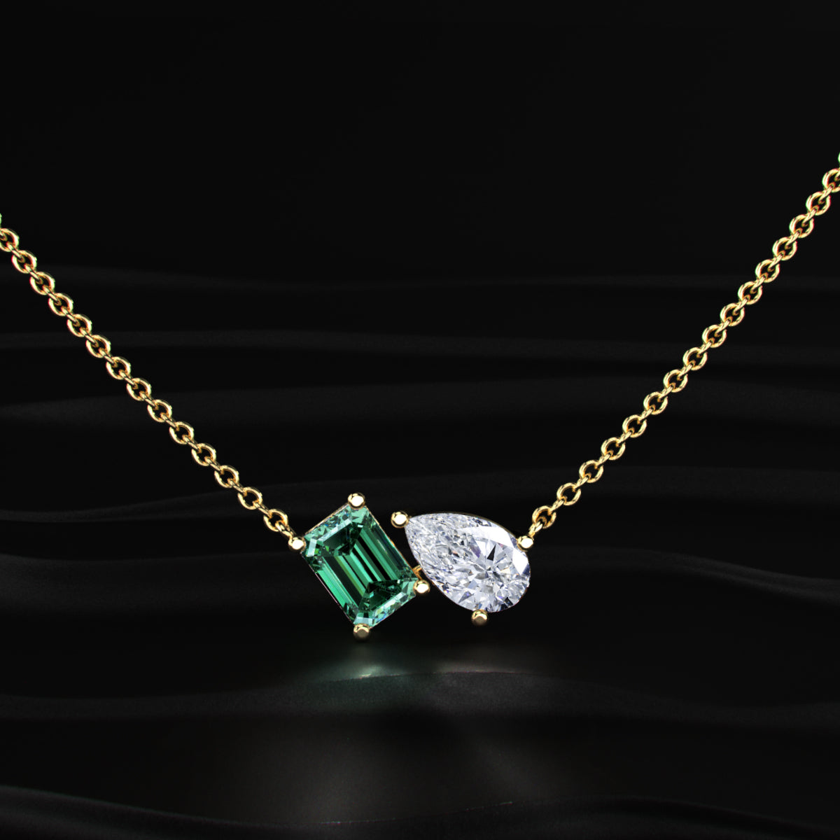 Pear And Green Emerald Diamond Toi Et Moi Necklace