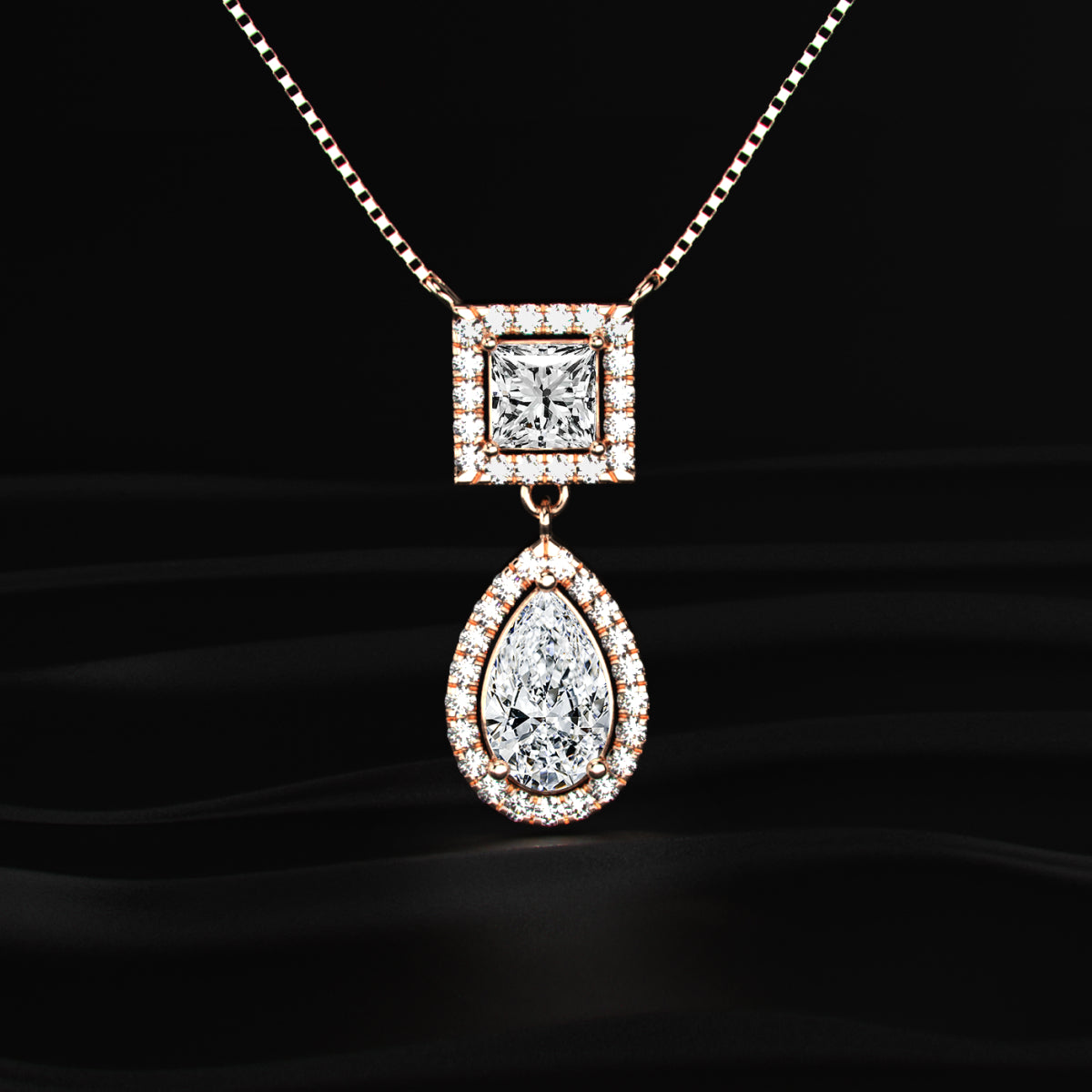 Princess and Pear Cut Diamond Halo Drop Necklace