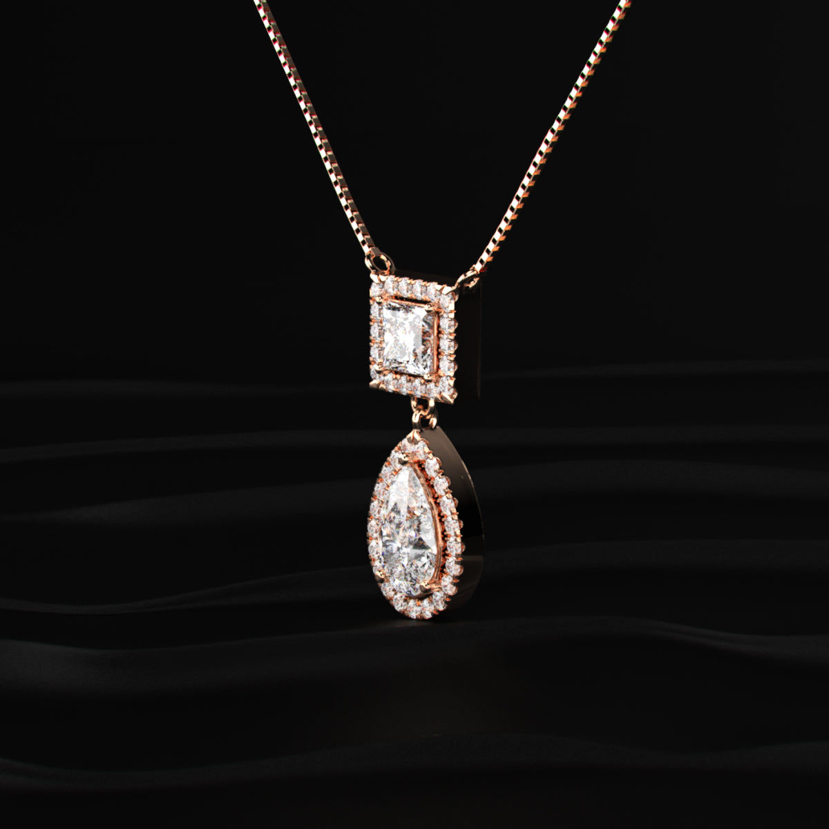 Princess and Pear Cut Diamond Halo Drop Necklace