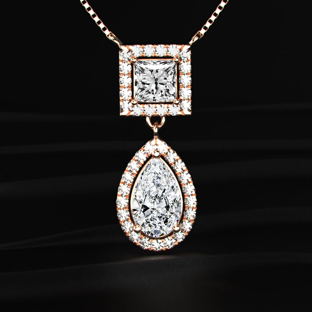 Princess and Pear Cut Diamond Halo Drop Necklace