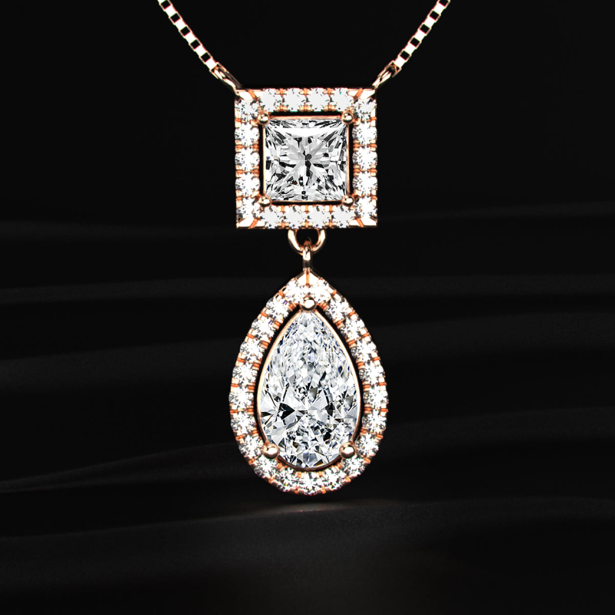 Princess and Pear Cut Diamond Halo Drop Necklace