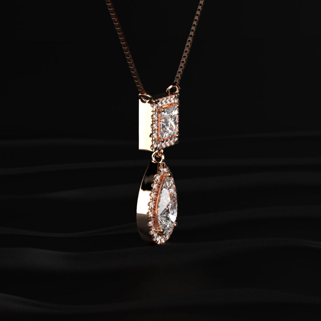 Princess and Pear Cut Diamond Halo Drop Necklace