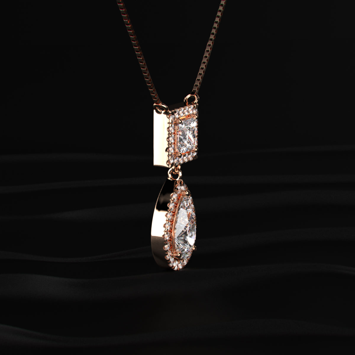 Princess and Pear Cut Diamond Halo Drop Necklace