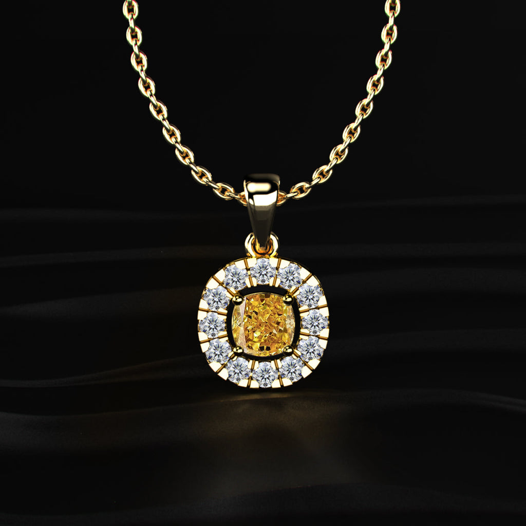 Yellow Cushion Diamond Pendant With Halo