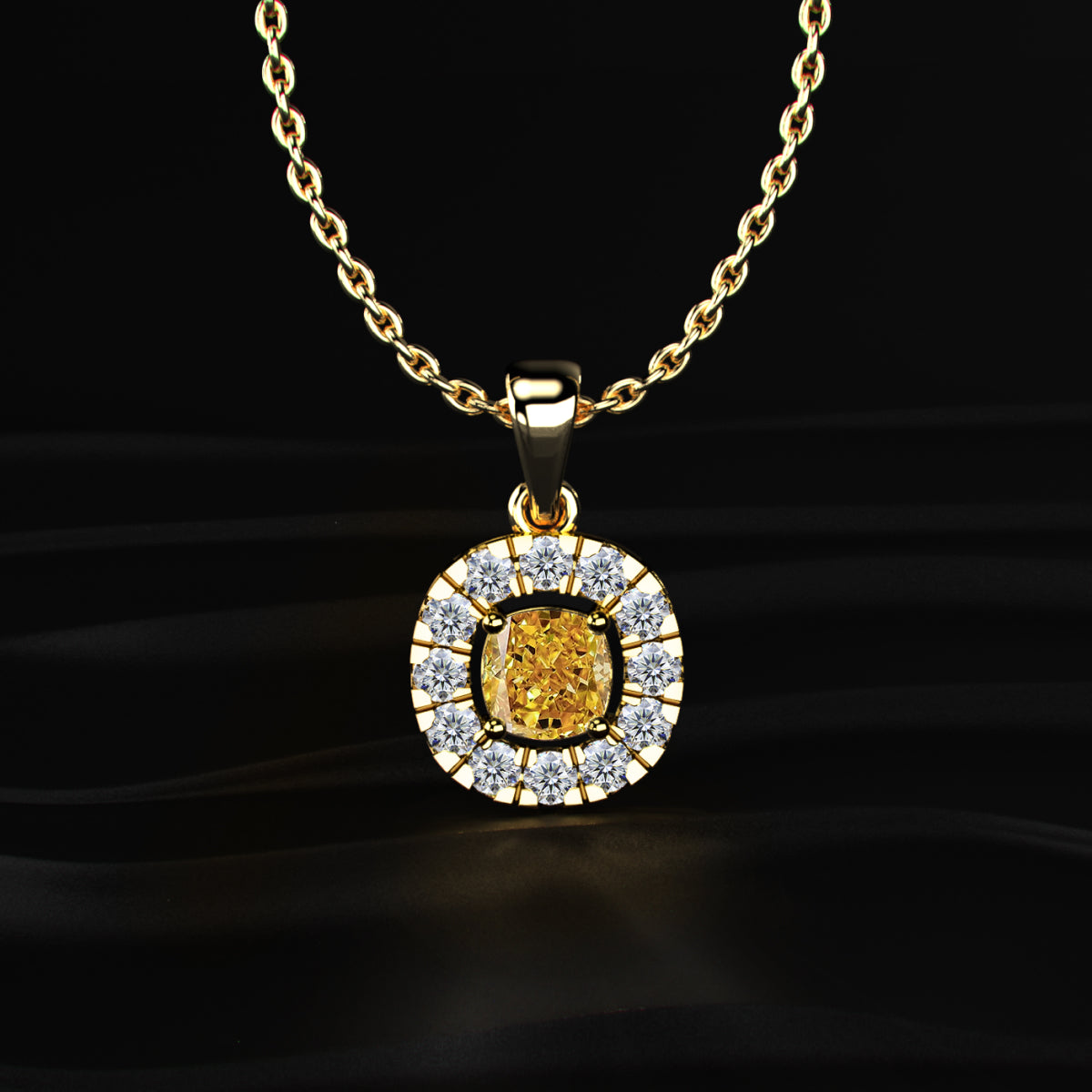 Yellow Cushion Diamond Pendant With Halo