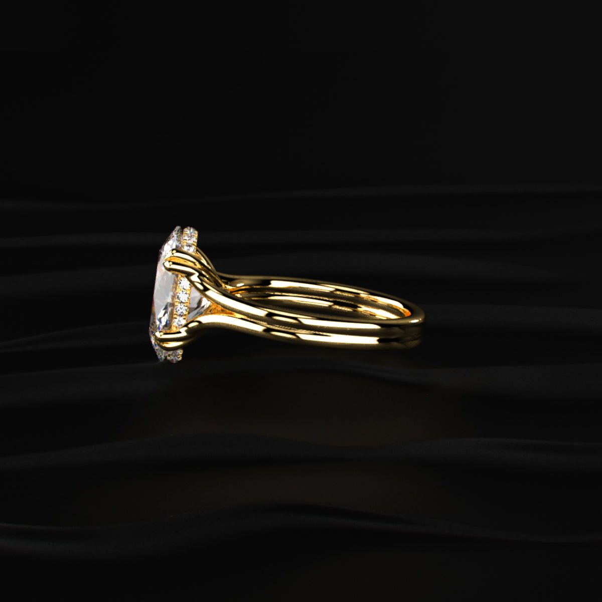 Oval Solitaire Dual Plain Band Ring With Hidden Halo