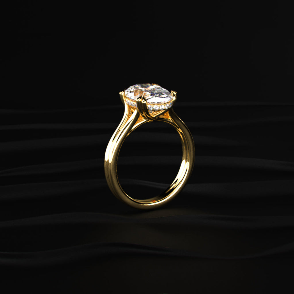 Oval Solitaire Dual Plain Band Ring With Hidden Halo