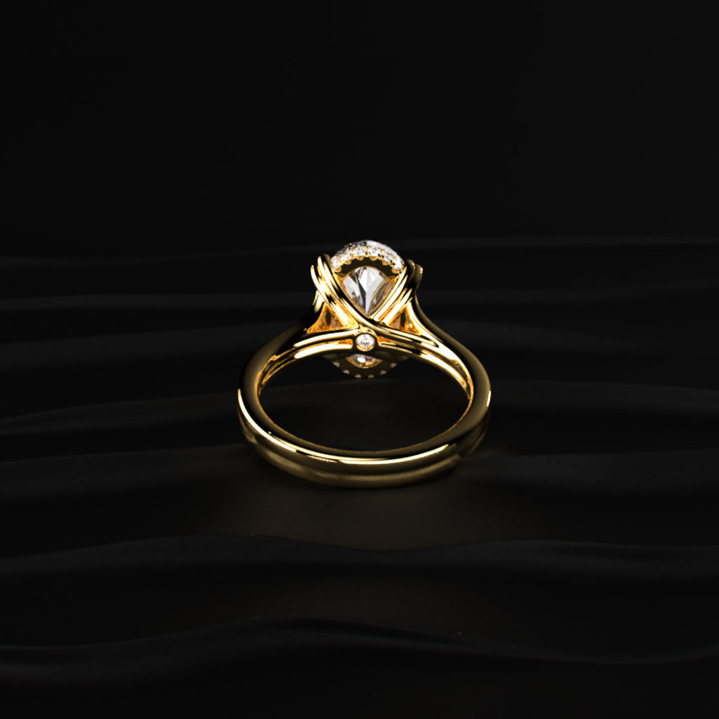 Oval Solitaire Dual Plain Band Ring With Hidden Halo