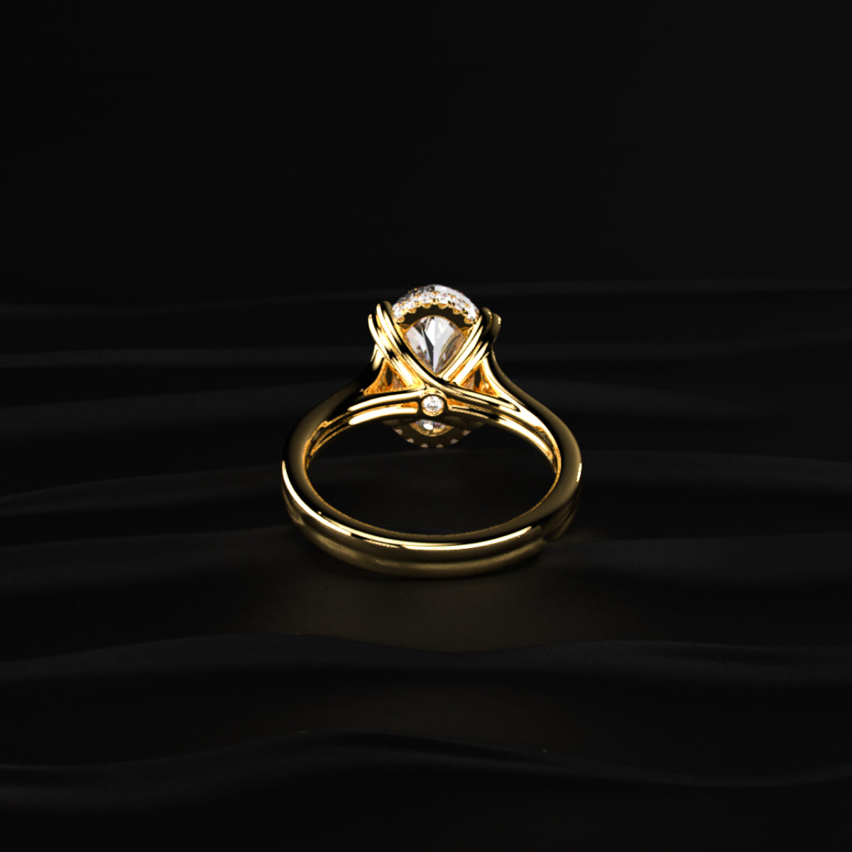 Oval Solitaire Dual Plain Band Ring With Hidden Halo
