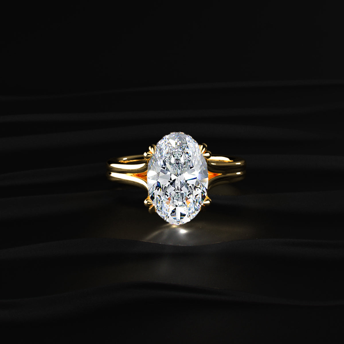 Oval Solitaire Dual Plain Band Ring With Hidden Halo