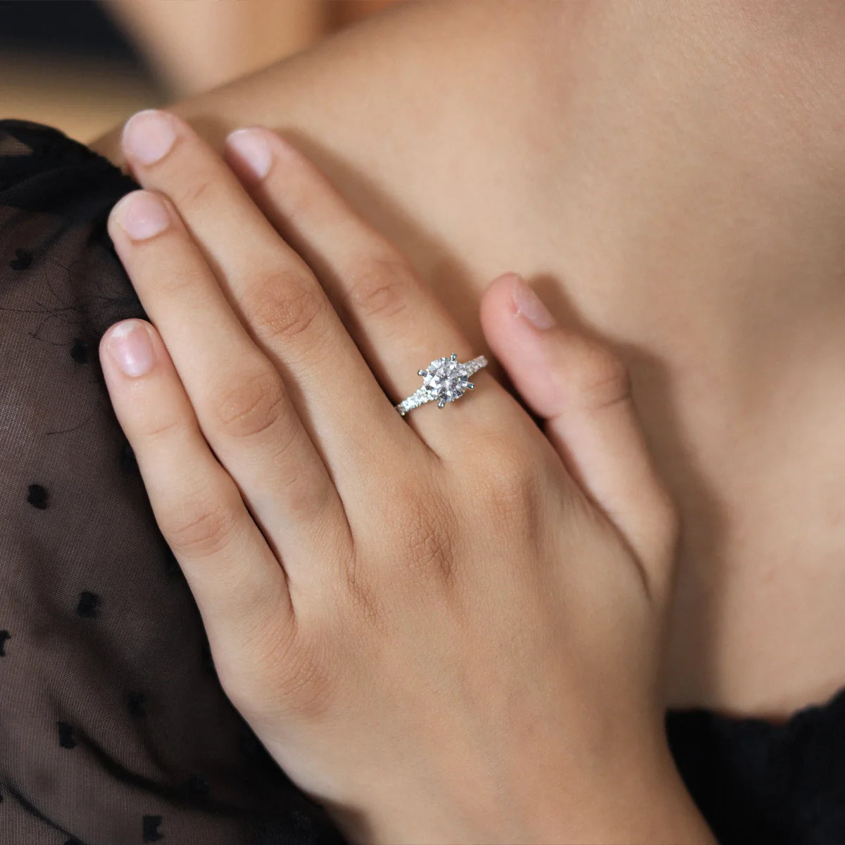 Round Cut Split Shank Single Pave Engagement Ring