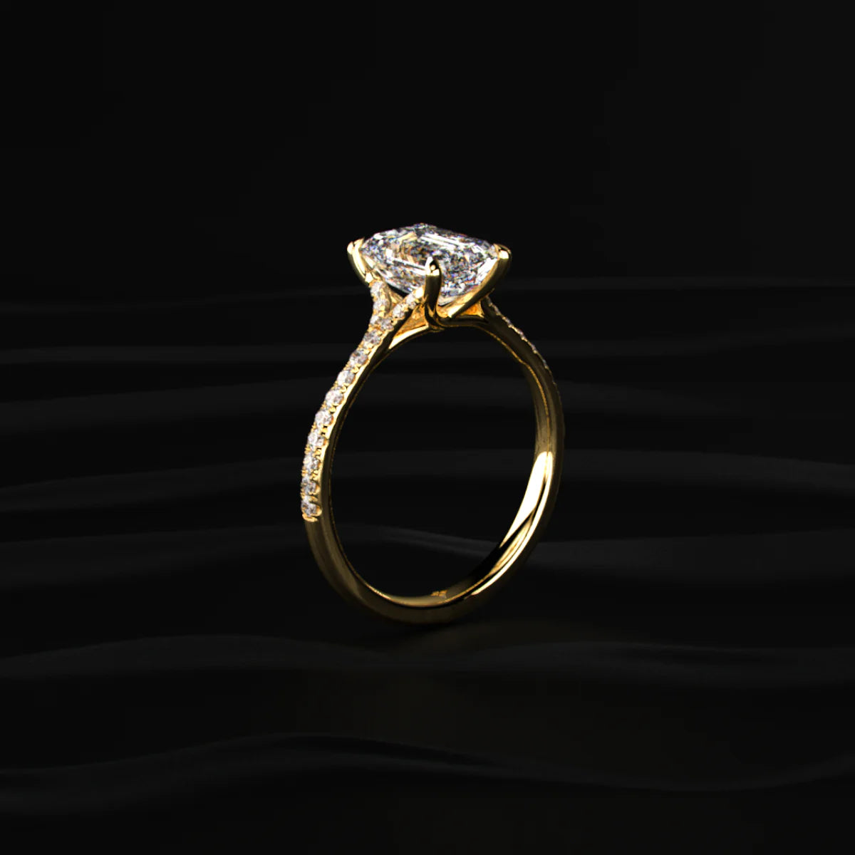 Emerald Cut Split Shank Single Pave Engagement Ring