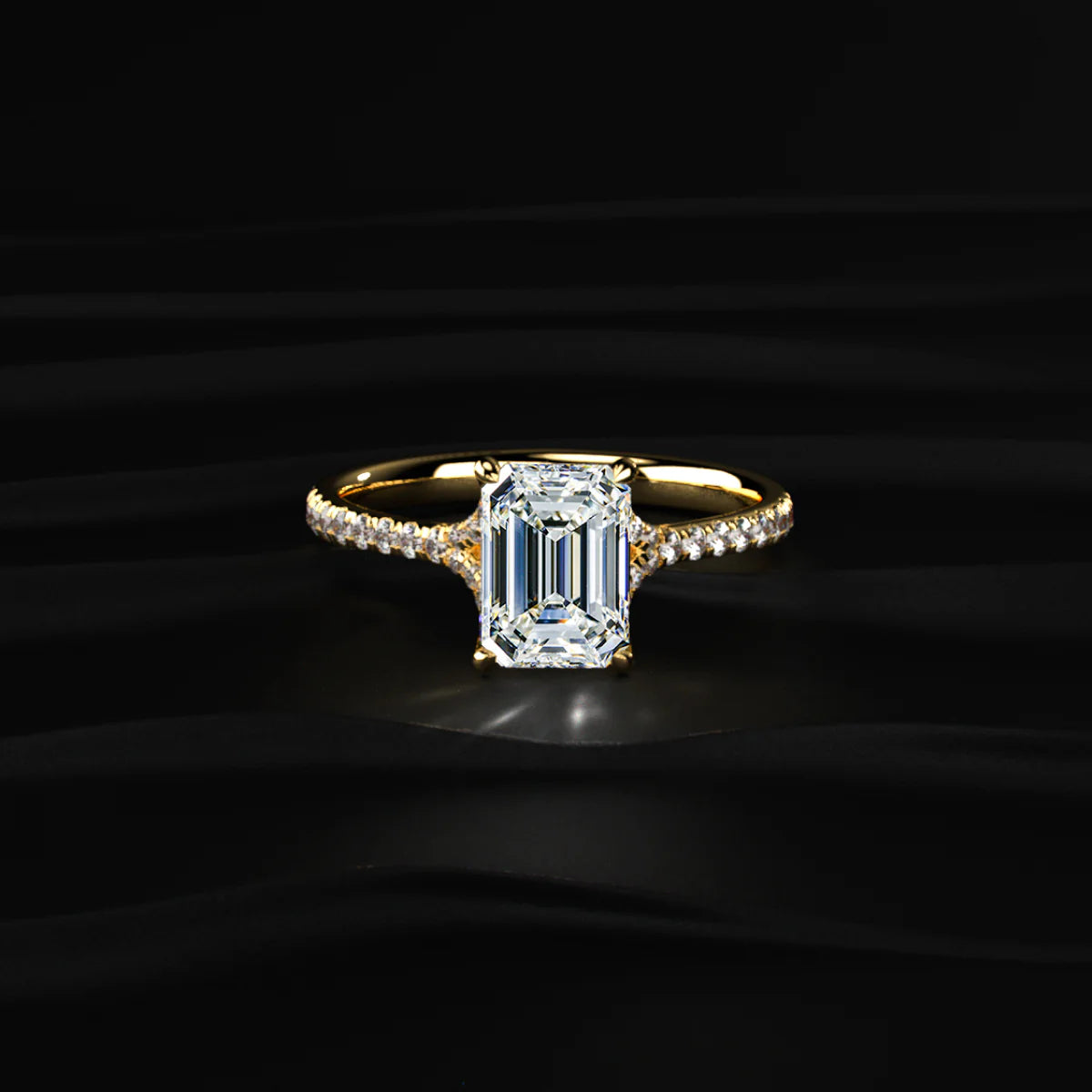 Emerald Cut Split Shank Single Pave Engagement Ring