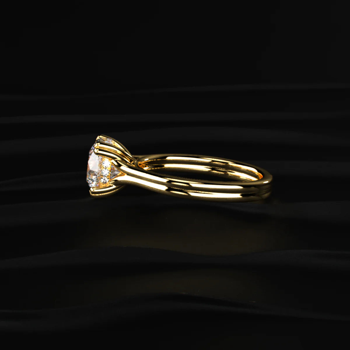Round Solitaire Dual Plain Band Ring With Hidden Halo