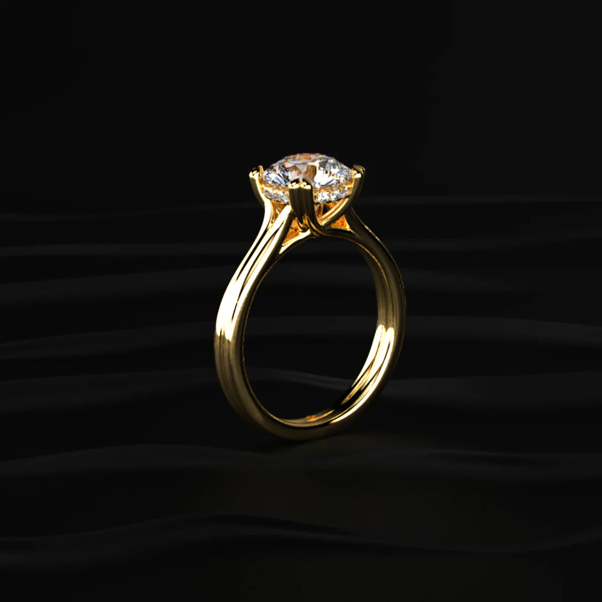 Round Solitaire Dual Plain Band Ring With Hidden Halo