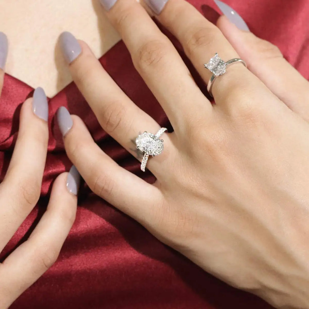 Oval Shape Solitaire With Double Hidden Halo Ring