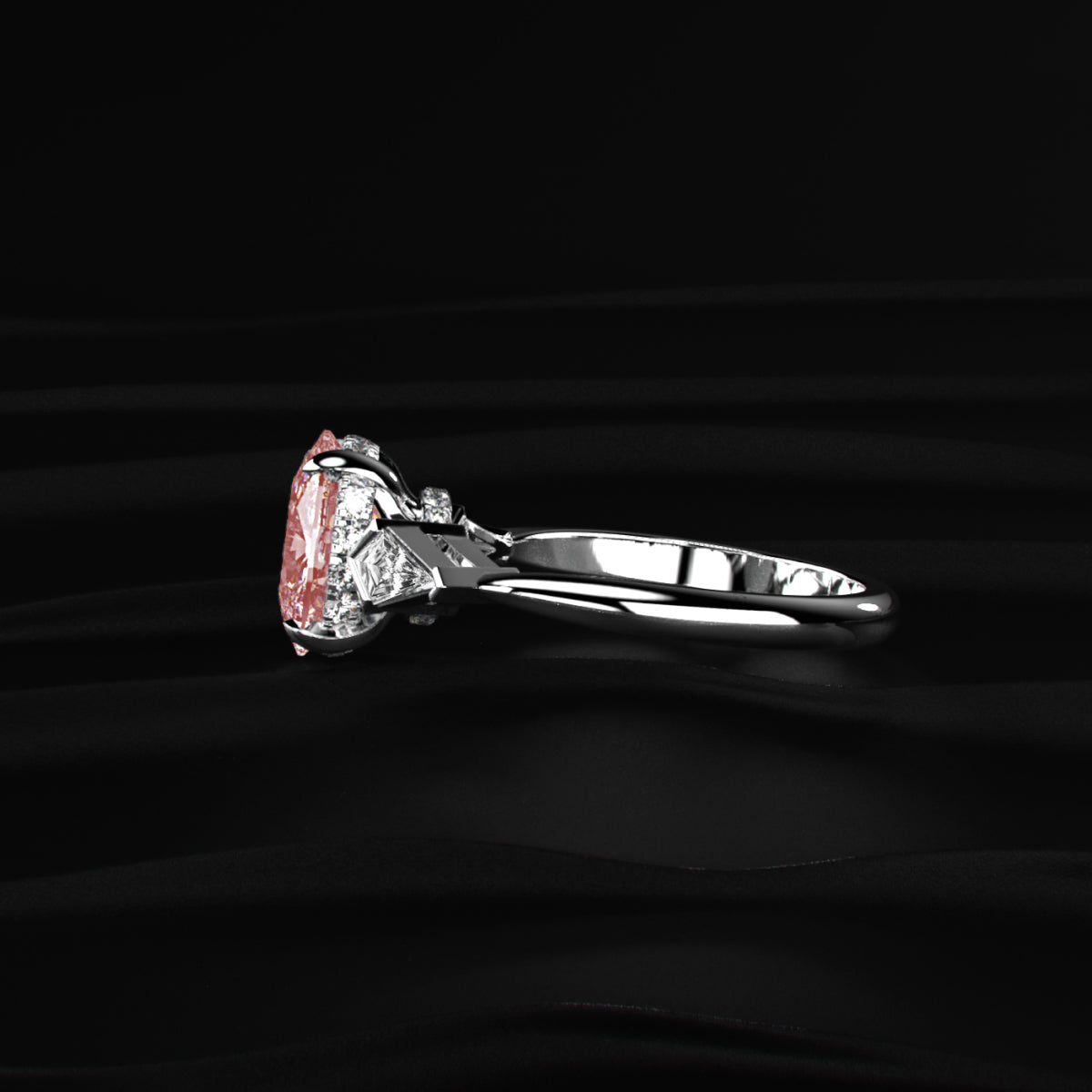 Elongated Cushion Solitaire Ring With Kite-Shaped Side Stones