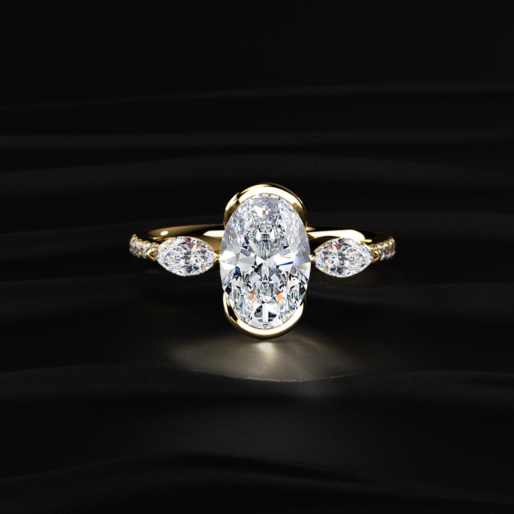Oval Half Bezel Solitaire Ring With Side Stones