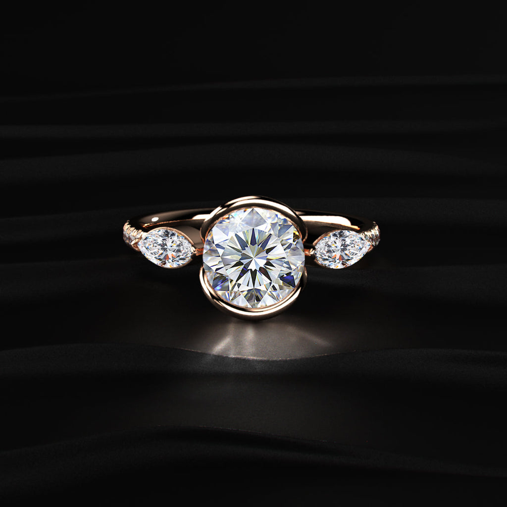Round Half Bezel Solitaire Ring With Side Stones