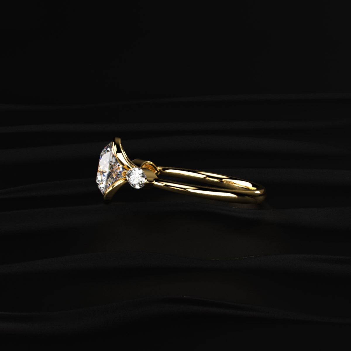 Round Half Bezel Triple Diamond Engagement Rings