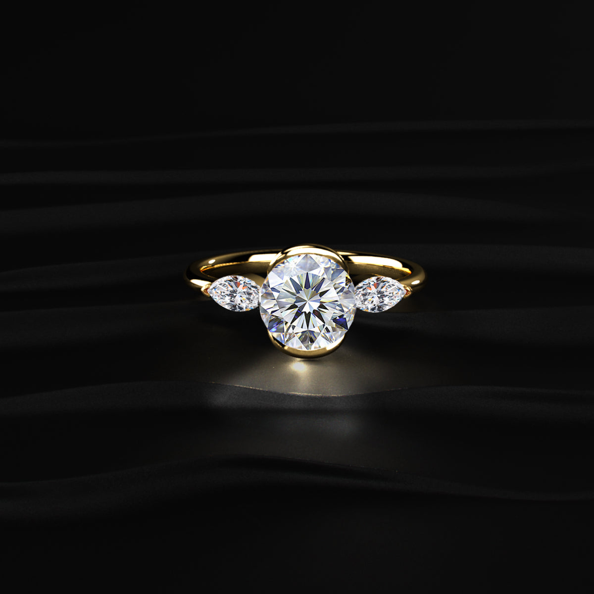 Round Half Bezel Triple Diamond Engagement Rings