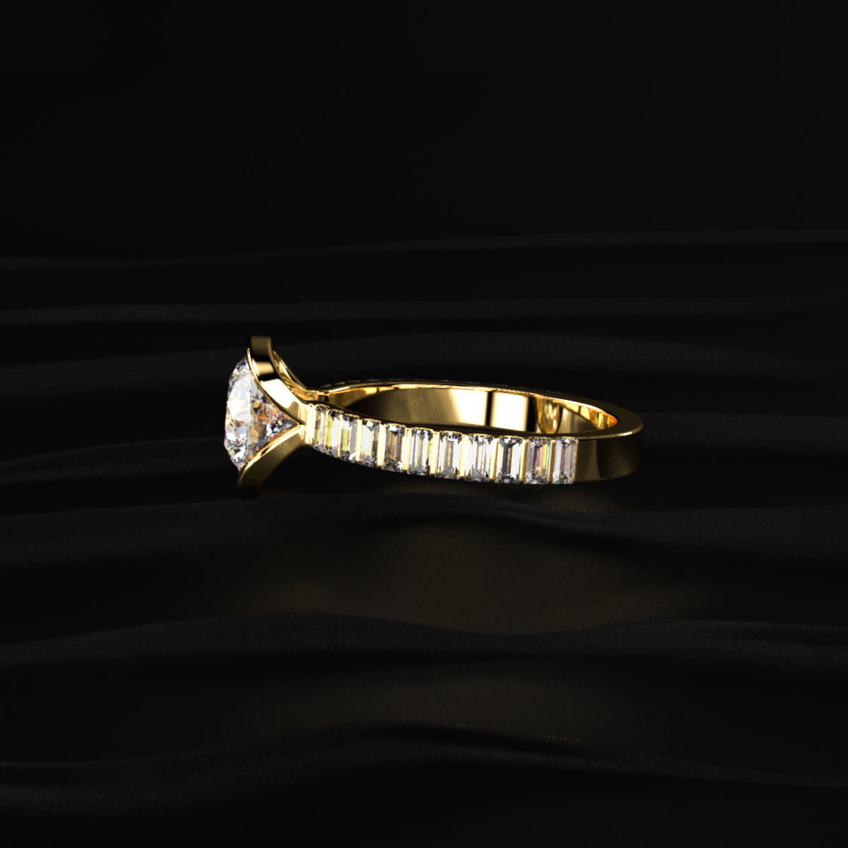 Round Half Bezel Ring With Bar Set Baguettes