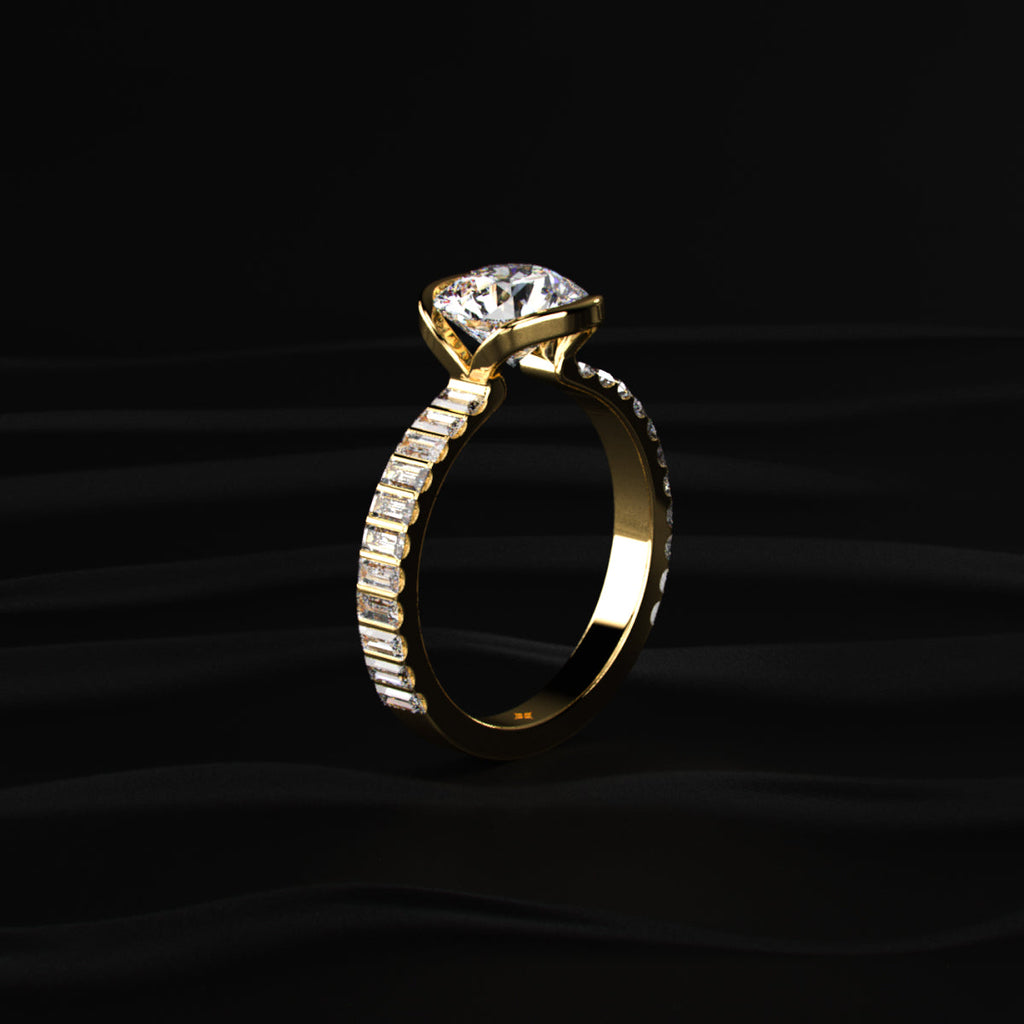 Round Half Bezel Ring With Bar Set Baguettes
