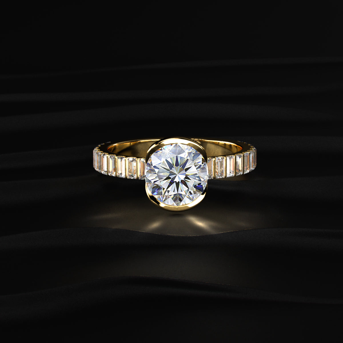 Round Half Bezel Ring With Bar Set Baguettes