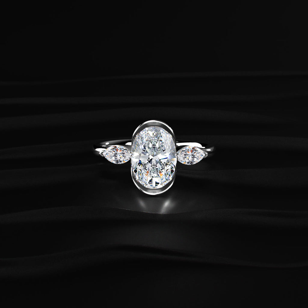 Oval Half Bezel Triple Diamond Engagement Ring