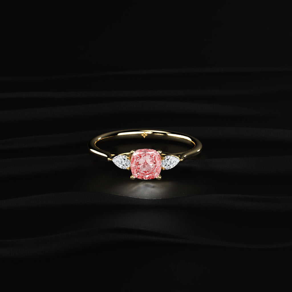 Pink Cushion Diamond With Side Pear Ring