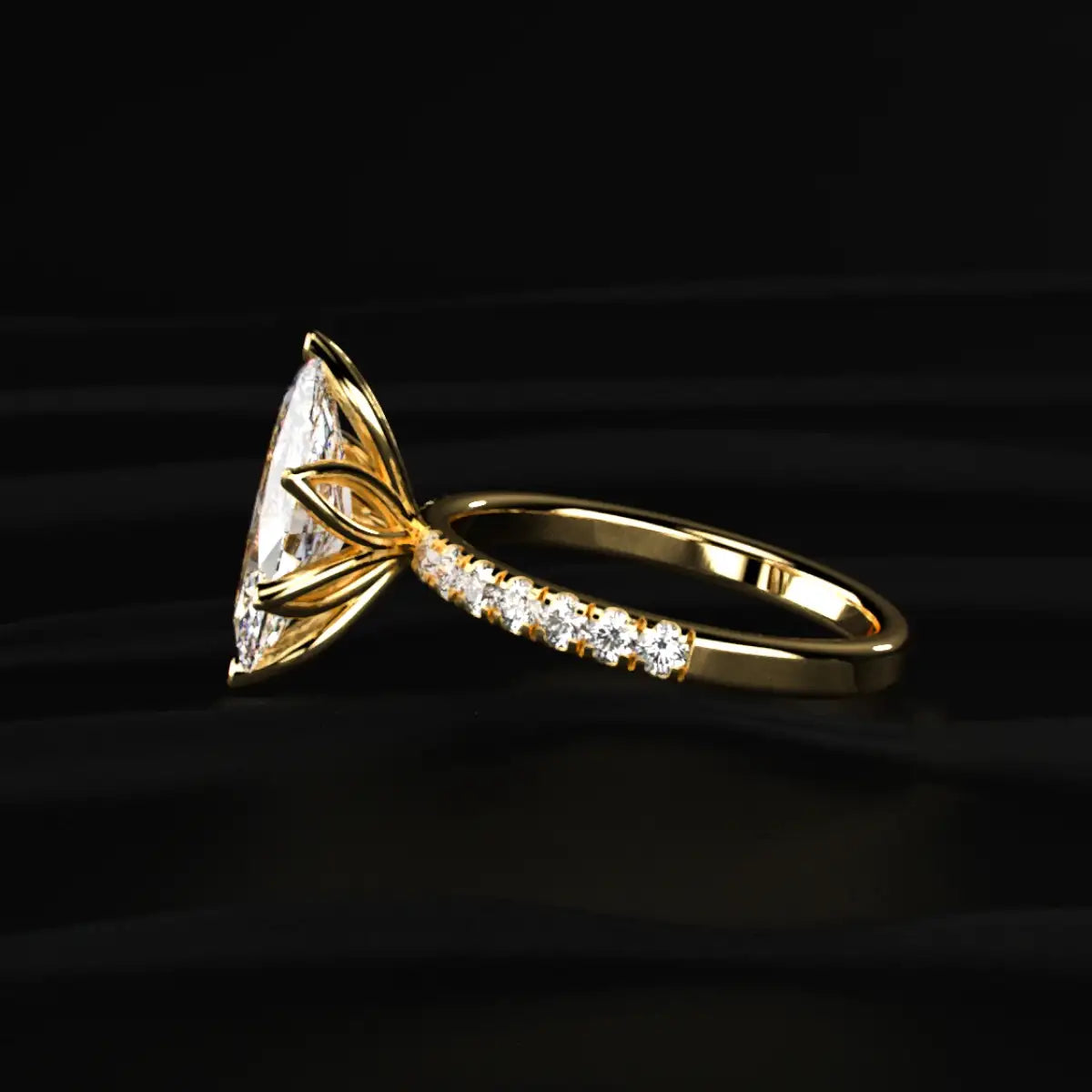 Marquise Cut Solitaire Floral Ring With Pave Band
