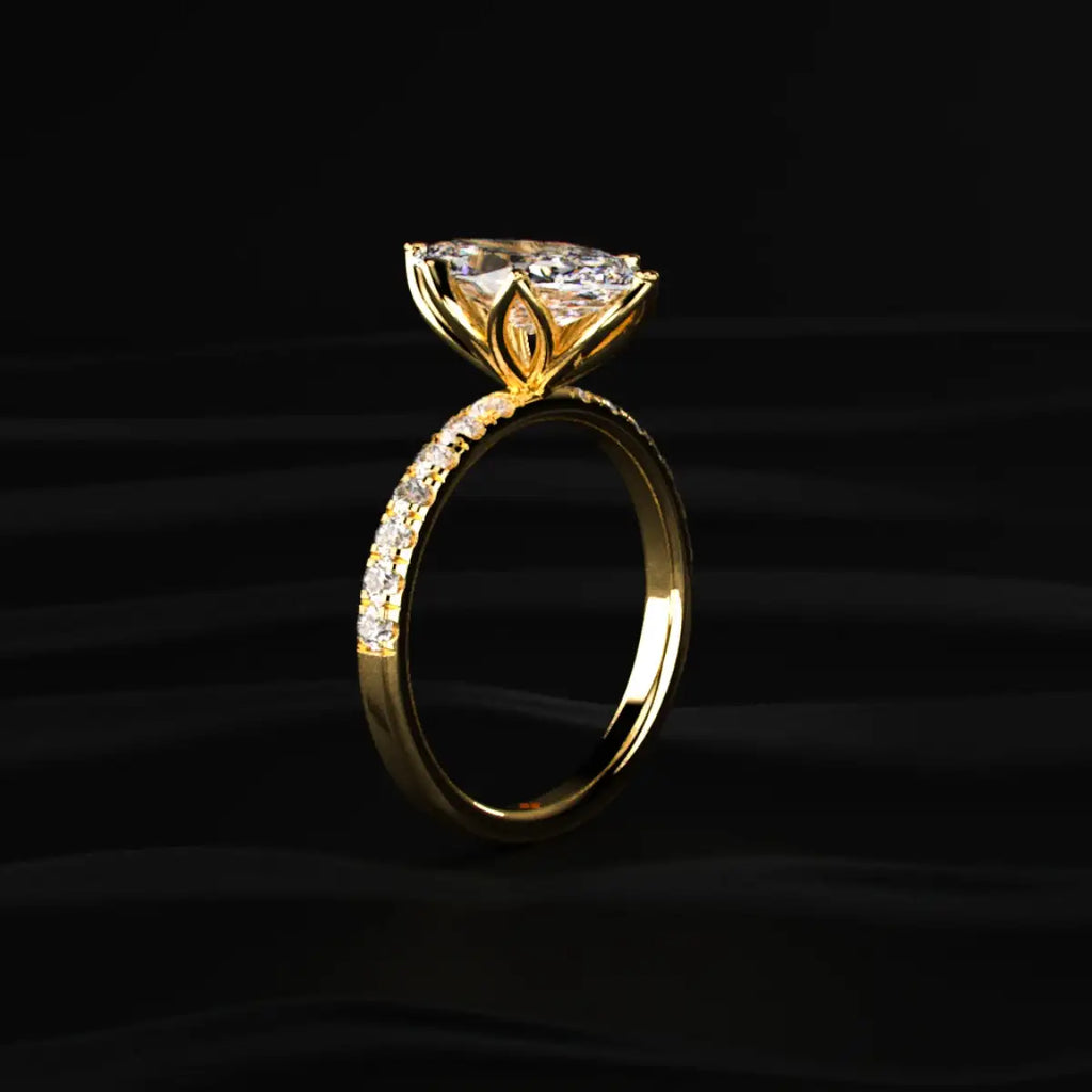Marquise Cut Solitaire Floral Ring With Pave Band