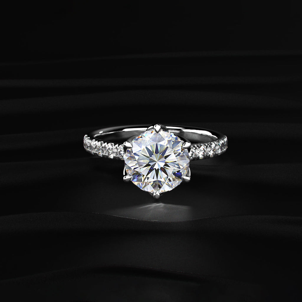 Round Cut Solitaire Floral Ring With Pave Band