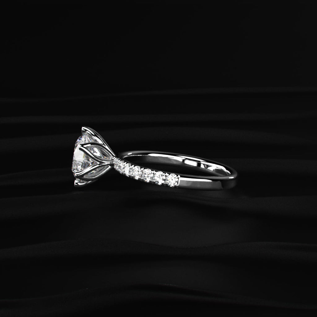 Round Cut Solitaire Floral Ring With Pave Band