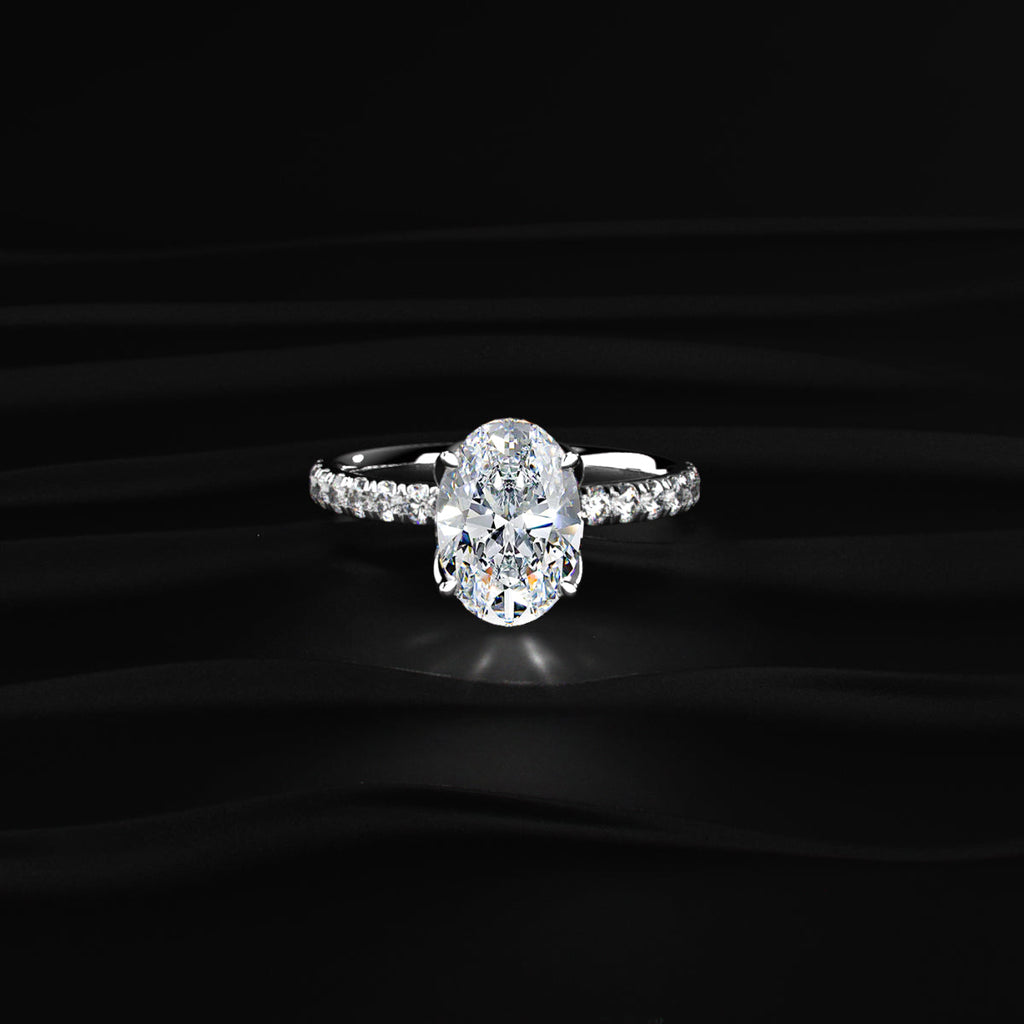 Oval Solitaire Shape Floral Ring With Pave Band