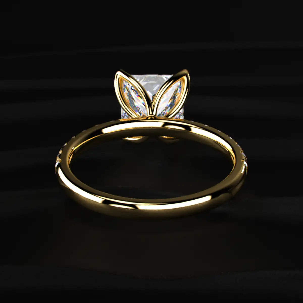 Princess Cut Solitaire Floral Ring With Pave Band