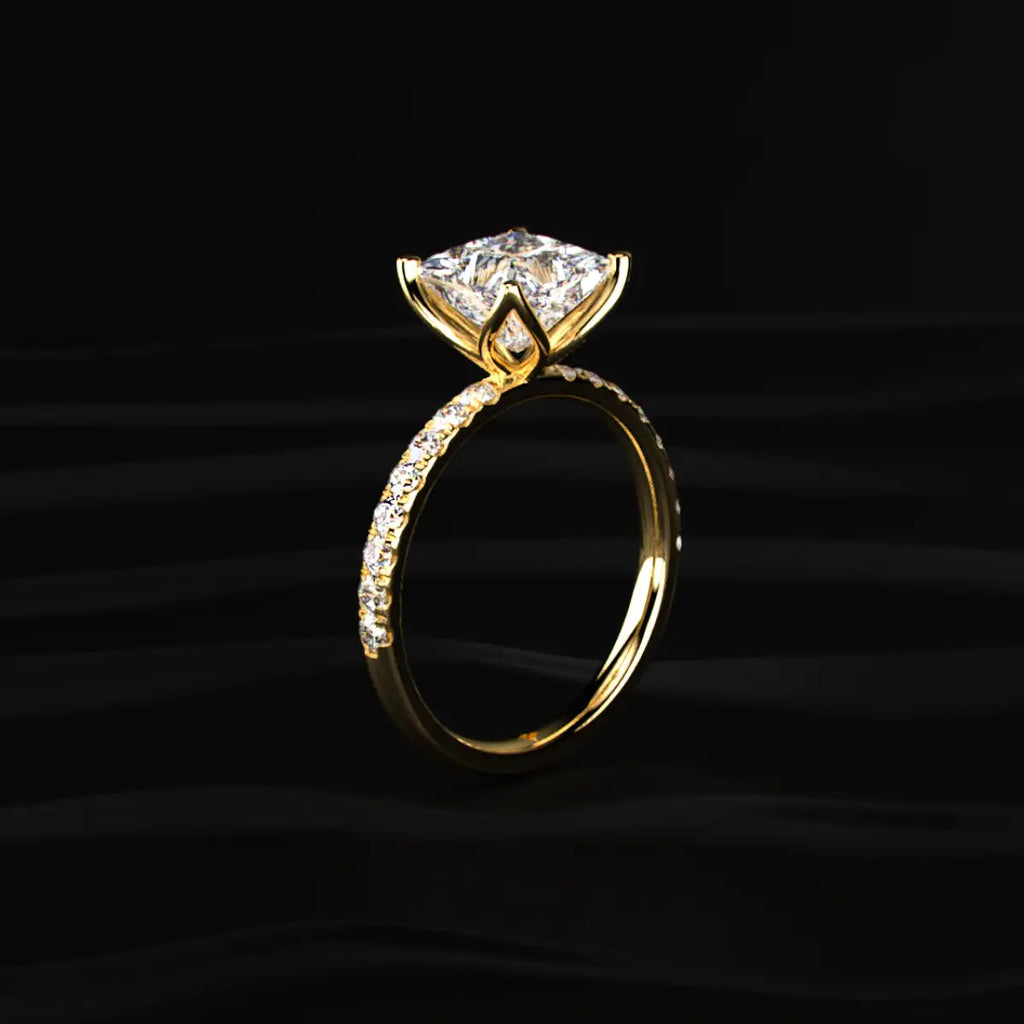 Princess Cut Solitaire Floral Ring With Pave Band