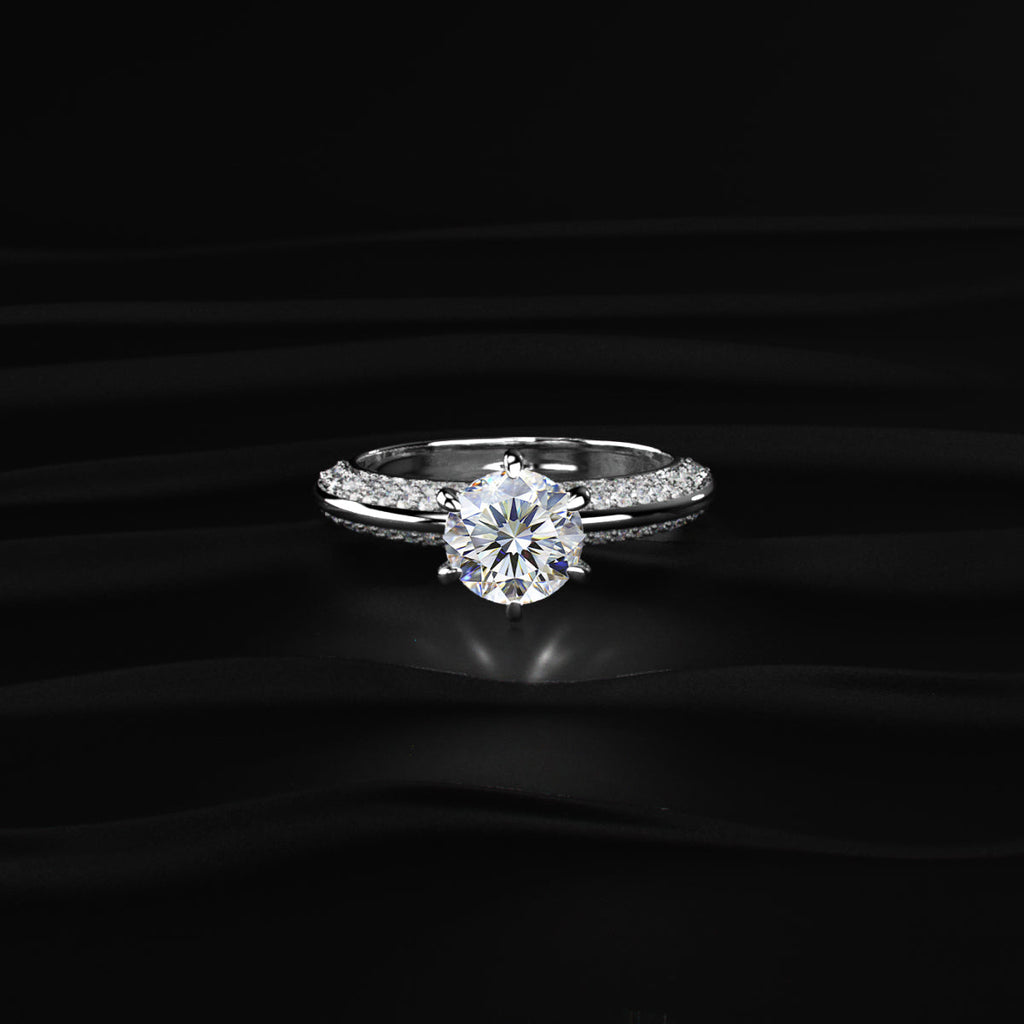 Round Solitaire Engagement Milgrain Pave Band