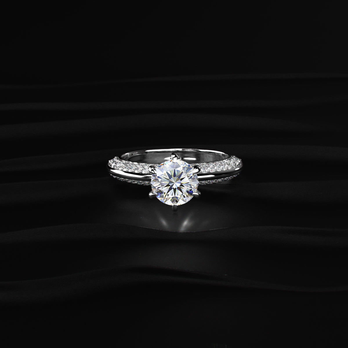 Round Solitaire Engagement Milgrain Pave Band