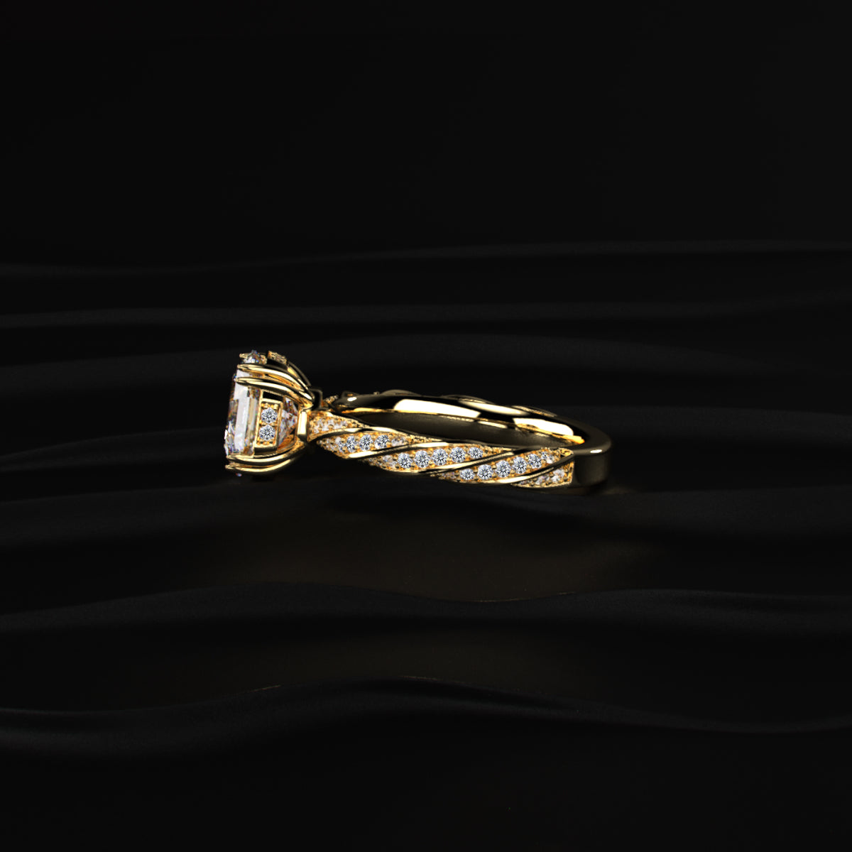 Octagon Diamond Solitaire Ring With Twisted Pave Band