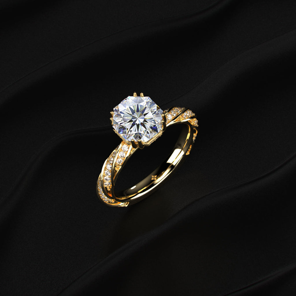 Octagon Diamond Solitaire Ring With Twisted Pave Band