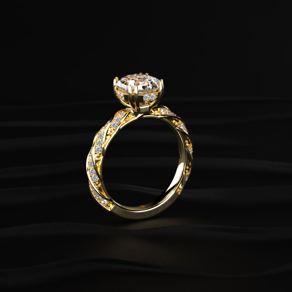 Octagon Diamond Solitaire Ring With Twisted Pave Band