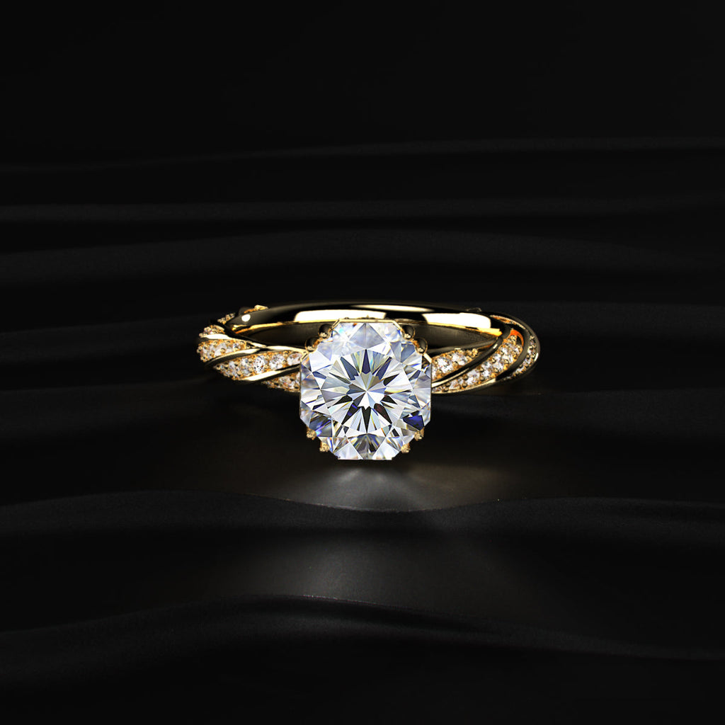 Octagon Diamond Solitaire Ring With Twisted Pave Band