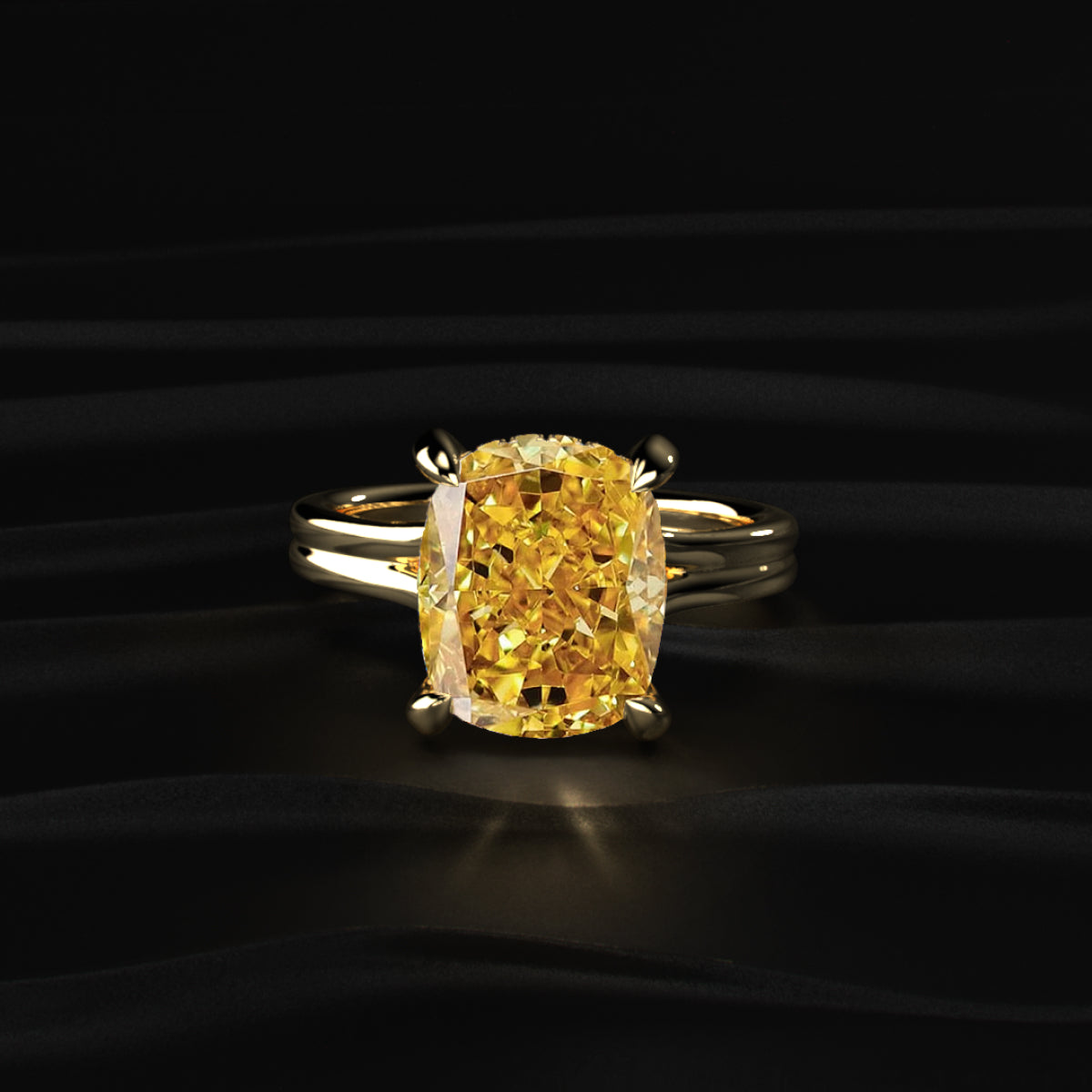 Yellow Cushion Solitaire Double Band Ring