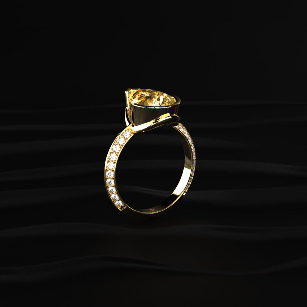 Yellow Pear Diamond Half Bezel Pave Ring