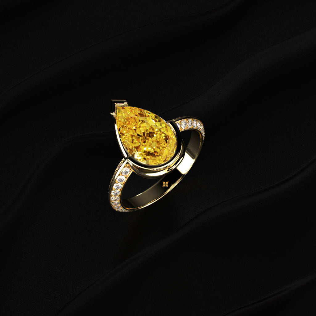 Yellow Pear Diamond Half Bezel Pave Ring