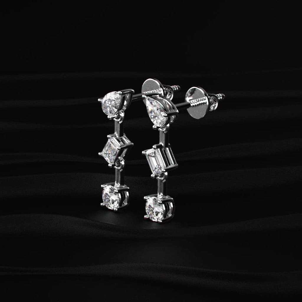 Three Stone Multi Shape Diamond Drop Earrings